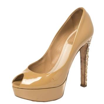 Pre Owned Dior Mustard Patent Leather Metal Cannage Heel Peep Toe Platform Pumps Size 35
