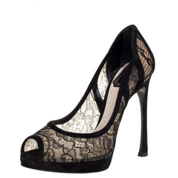 Pre Owned Dior Black Lace And Suede Scallop Peep Toe Pumps Size 36.5