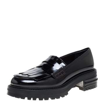 Pre Owned Dior Black Patent Leather Fringe Penny Loafers Size 38.5