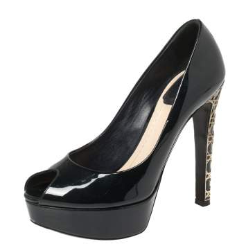 Pre Owned Dior Dark Blue Patent Leather Cannage Heel Peep Toe Platform Pumps Size 36