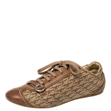 Pre Owned Dior Brown Leather and Diorissimo Canvas Low Top Sneakers Size 37