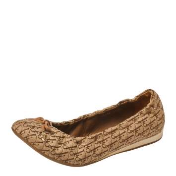 Pre Owned Dior Brown Diorissimo Canvas Bow Detail Scrunch Ballet Flats Size 38.5 