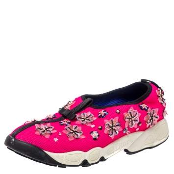 Pre Owned Dior Pink/Black Mesh Fusion Crystal Embellished Slip On Sneakers Size 38.5