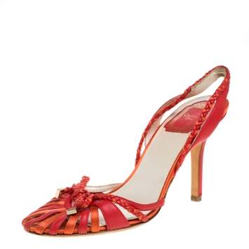 Pre Owned Dior Two Tone Red Leather Braid Bow Slingback Sandals Size 37