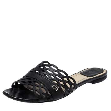 Pre Owned Dior Black Laser Cut Leather Tattoo Peep Toe Slides Size 38