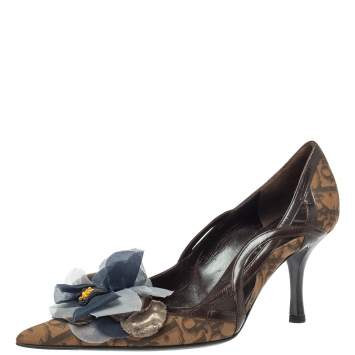 Pre Owned Dior Brown Oblique Canvas And Leather Floral Applique Pointed Toe Pumps Size 37