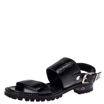 Pre Owned Dior Black Leather Crystal Embellished Buckle Strap Sandals Size 37.5