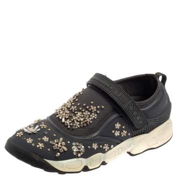 Pre Owned Dior Blue Neoprene And Mesh Fusion Crystal Embellished Slip On Sneakers Size 40