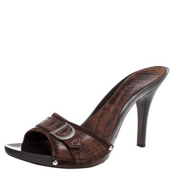 Pre Owned Dior Brown Croc Embossed And Suede Slide Sandals Size 40