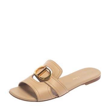 Pre Owned Dior Beige Leather 30 Montaigne Slide Flats Size 37.5
