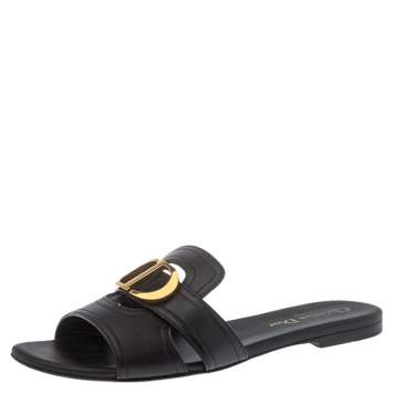 Pre Owned Dior Black Leather 30 Montaigne Slide Flats Size 37.5