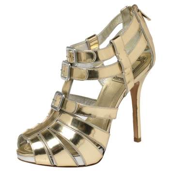 Pre Owned Dior Metallic Gold Leather Strappy Buckle Caged Sandals Size 37.5