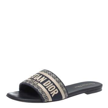 Pre Owned Dior Blue/White Cotton Fabric Embroidered Dway Logo Slide Flats Size 38