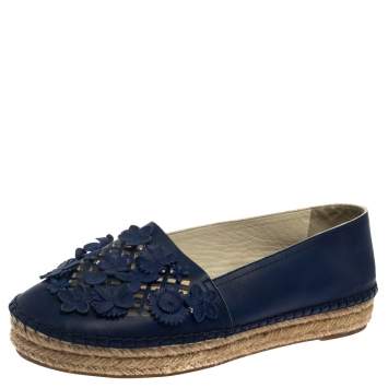Pre Owned Dior Navy Blue Laser Cut Leather Flower Applique Espadrille Flats Size 36