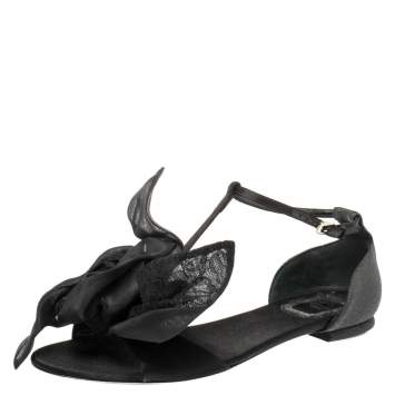 Pre Owned Dior Black Satin T Strap Thong Flat Sandals Size 39.5