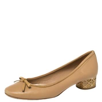 Pre Owned Dior Beige Leather Bow Detail Cannage Heel Pumps Size 37.5