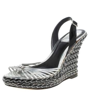 Pre Owned Dior Two Tone Patent Leather And Braid Woven Wedge Slingback Platform Sandals Size 35