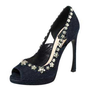 Pre Owned  Dior Blue Crystal Embellished Denim Garland Peep Toe Pumps Size 37.5