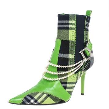 Pre Owned Dior Green Leather And Check Canvas Pearl Embellished Pointed Toe Ankle Booties Size 39