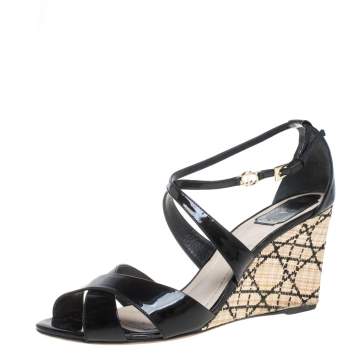 Pre Owned Dior Black Patent Leather Criss Cross Raffia Wedge Ankle Strap Sandals Size 40.5