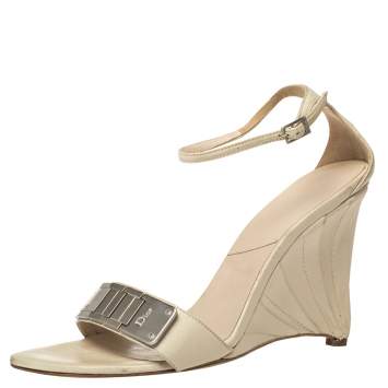 Pre Owned Dior White Leather Wedge Ankle Strap Sandals Size 39