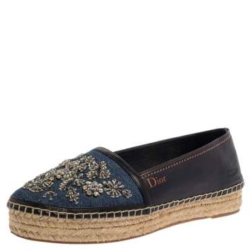 Pre Owned Dior Blue/Black Denim And Leather Embellished Espadrilles Size 38