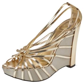 Pre Owned Dior Gold Patent Leather Strappy Platform Wedge Sandals Size 41