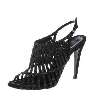 Pre Owned  Dior Black Suede Crystal Embellished  Cage Sandals Size 41