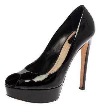 Pre Owned Dior Black Patent Leather Platform Peep Toe Pumps Size 39