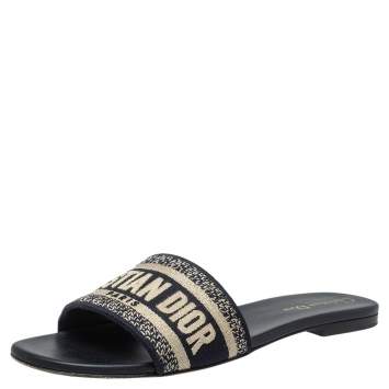 Pre Owned Dior Blue/White Cotton Fabric Embroidered Dway Logo Slide Flats Size 39