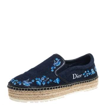 Pre Owned Dior Blue Floral Embroidered Denim Prairie Espadrille Flats Size 36