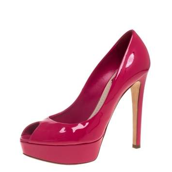 Pre Owned Dior Pink Patent Leather Miss Dior Peep Toe Platform Pumps Size 39