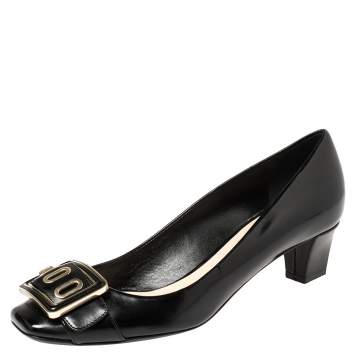 Pre Owned Dior Black Leather Buckle Embellished Square Toe Pumps Size 38