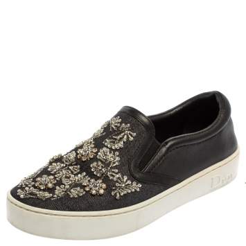 Pre Owned Dior Navy Blue/Black Denim And Leather Happy Crystal Embellished Slip On Sneakers Size 36