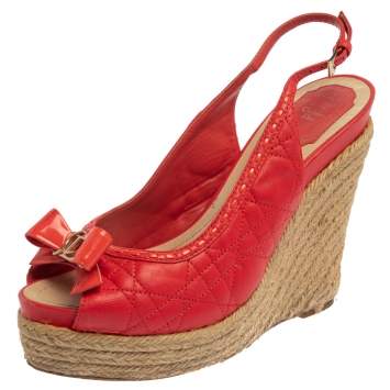 Pre Owned Dior Red Leather Wedge Slingback Sandals Size 39