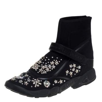 Pre Owned Dior Black Mesh And Fabric Embellished Ankle Length Sneaker Boots Size 39.5