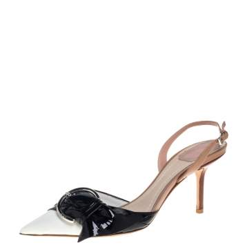 Pre Owned Dior White/Black Patent Leather Buckle Detail Slingback Sandals Size 39