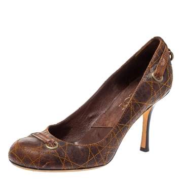 Pre Owned Dior Brown Leather Logo Embellished Slip On Pumps Size 40