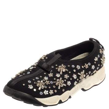 Pre Owned Dior Black Mesh Fusion Crystal Embellished Sneakers Size 37.5