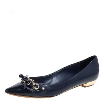 Pre Owned Dior Navy Blue Patent Leather And Leather Bow Chain Ballet Flats Size 40