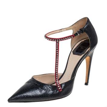 Pre Owned Dior Black Leather T Strap Pointed Toe Pumps  Size 37