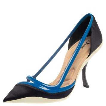 Pre Owned Dior Two Tone Blue Patent Leather And Satin Pointed Toe Curved Heel Pumps Size 39