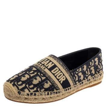 Pre Owned Dior Dark Blue/Beige Oblique Embroidered Cotton Fabric Granville Espadrille Flats Size 38