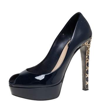 Pre Owned Dior Navy Blue Patent Leather Metal Cannage Heel Peep Toe Platform Pumps Size 38