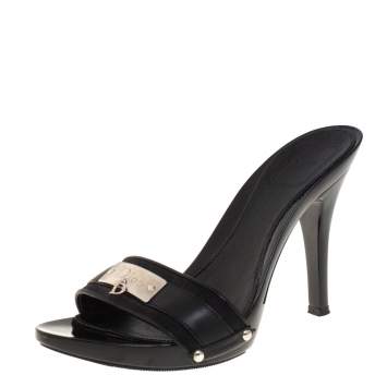 Pre Owned Dior Black Leather And Canvas Logo Mules Size 36