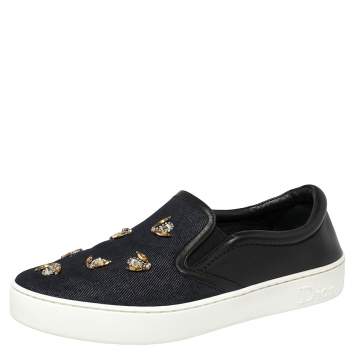 Pre Owned Dior Blue Denim And Leather Embellished Slip On Sneakers Size 39