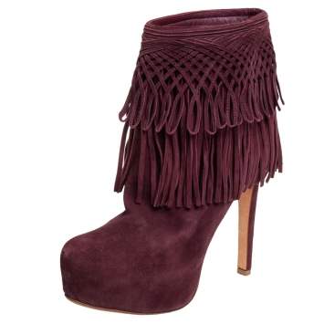Pre Owned Dior Burgundy Suede Fringes Booties Size 36