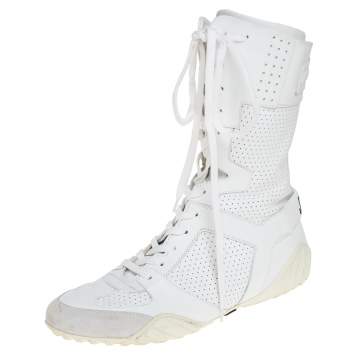 Pre Owned Dior White Perforated Leather Ankle Length Sneaker Boots Size 40