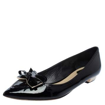 Pre Owned Dior Black Patent Leather Heart Bow Embellished Pointed Toe Ballet Flats Size 41