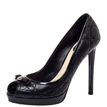 Pre Owned Dior Black Patent Leather And Leather Bow Peep Toe Platform Pumps Size 38